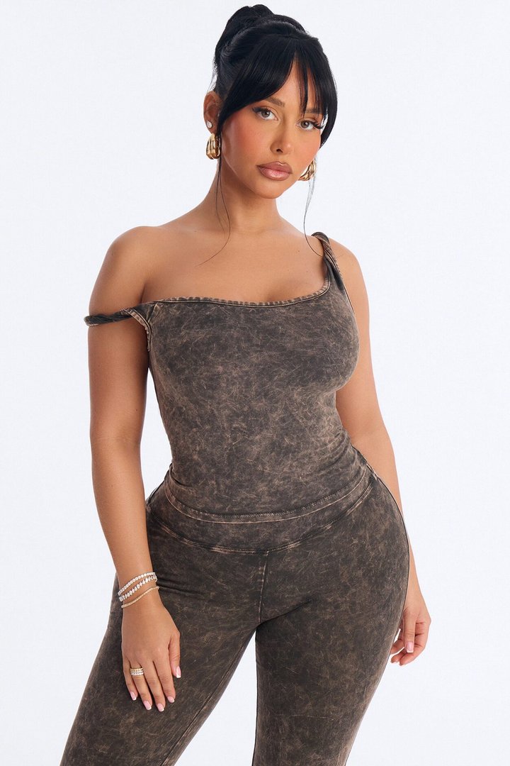 Tiana Off Shoulder Washed Pant Set - Brown