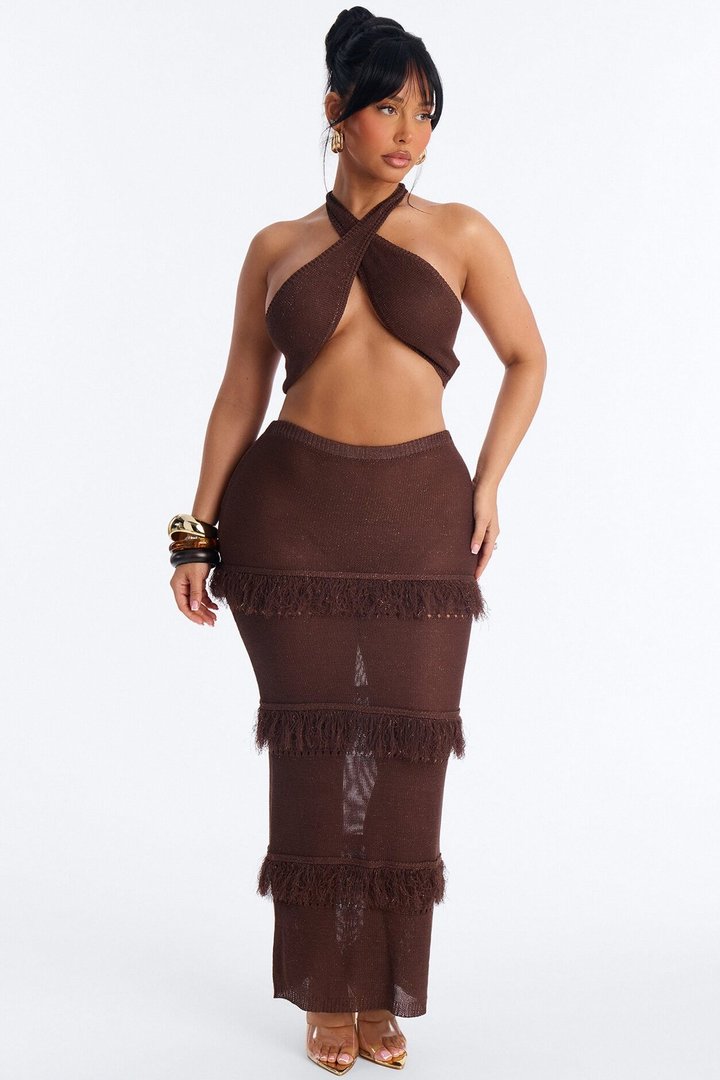 Lucia Fringed Crochet Skirt Set - Brown