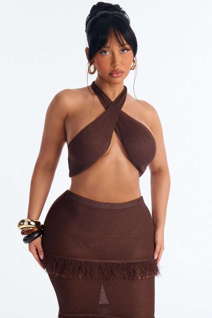 Lucia Fringed Crochet Skirt Set - Brown