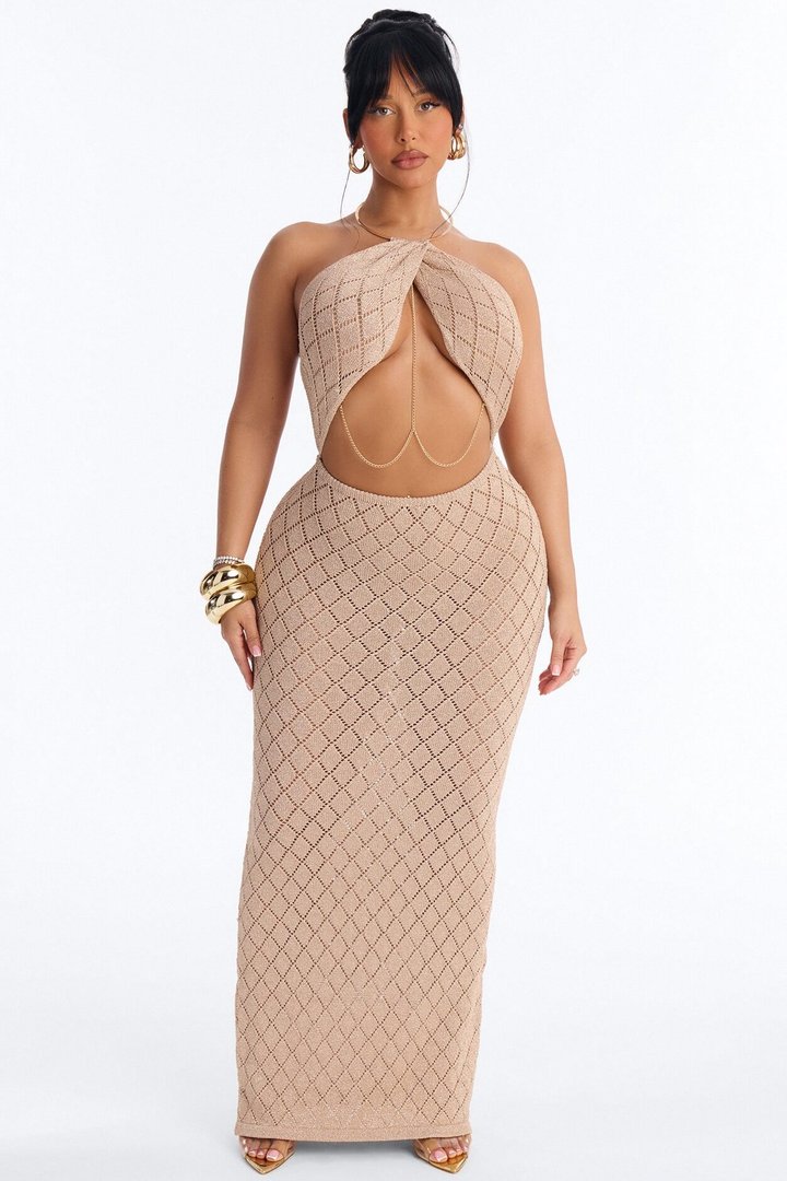Island It Girl Metallic Crochet Maxi Dress - Taupe