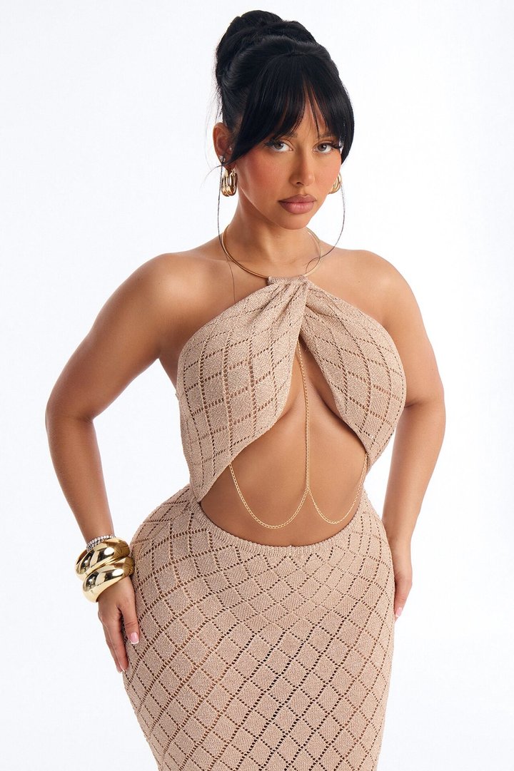 Island It Girl Metallic Crochet Maxi Dress - Taupe
