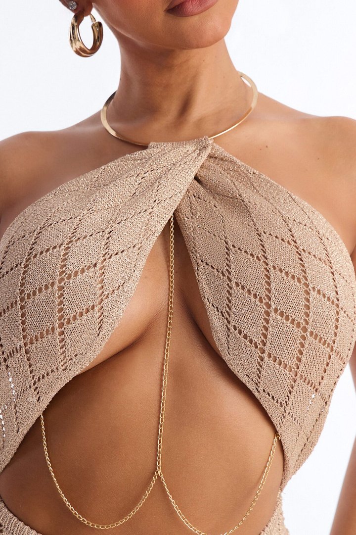 Island It Girl Metallic Crochet Maxi Dress - Taupe