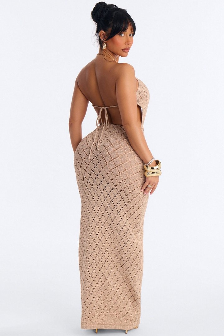 Island It Girl Metallic Crochet Maxi Dress - Taupe