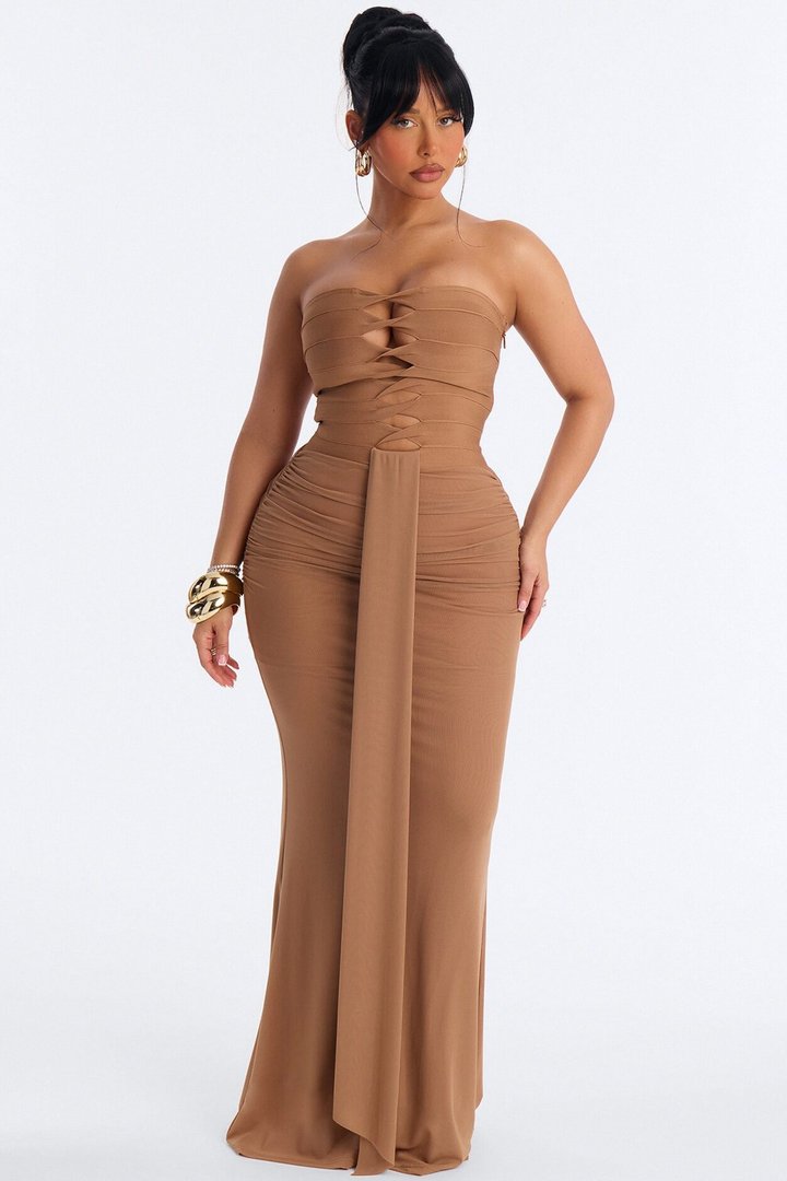 Center Stage Draped Bandage Maxi Dress - Mocha
