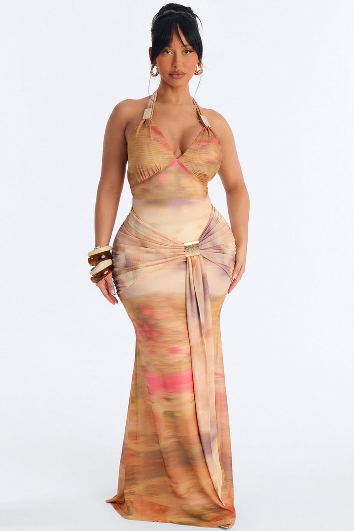 Alaya Halter Mesh Maxi Dress - Taupe/combo