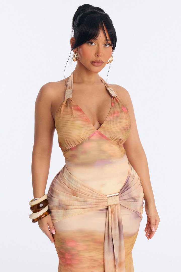 Alaya Halter Mesh Maxi Dress - Taupe/combo