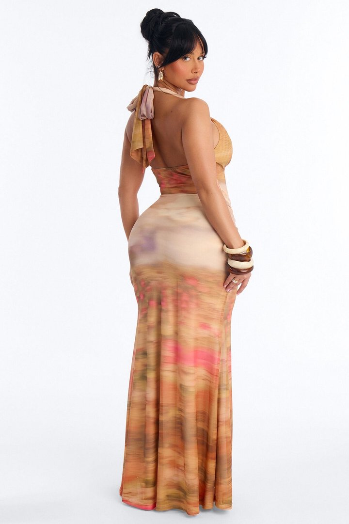 Alaya Halter Mesh Maxi Dress - Taupe/combo