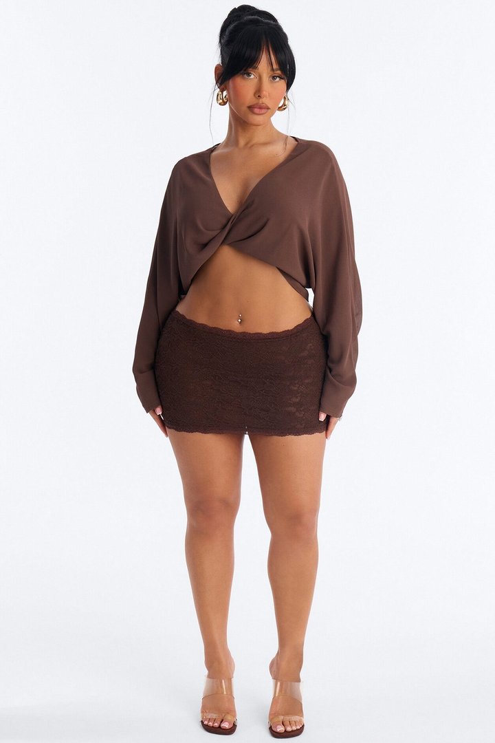 Collecting Cities Twisted Chiffon Blouse - Chocolate