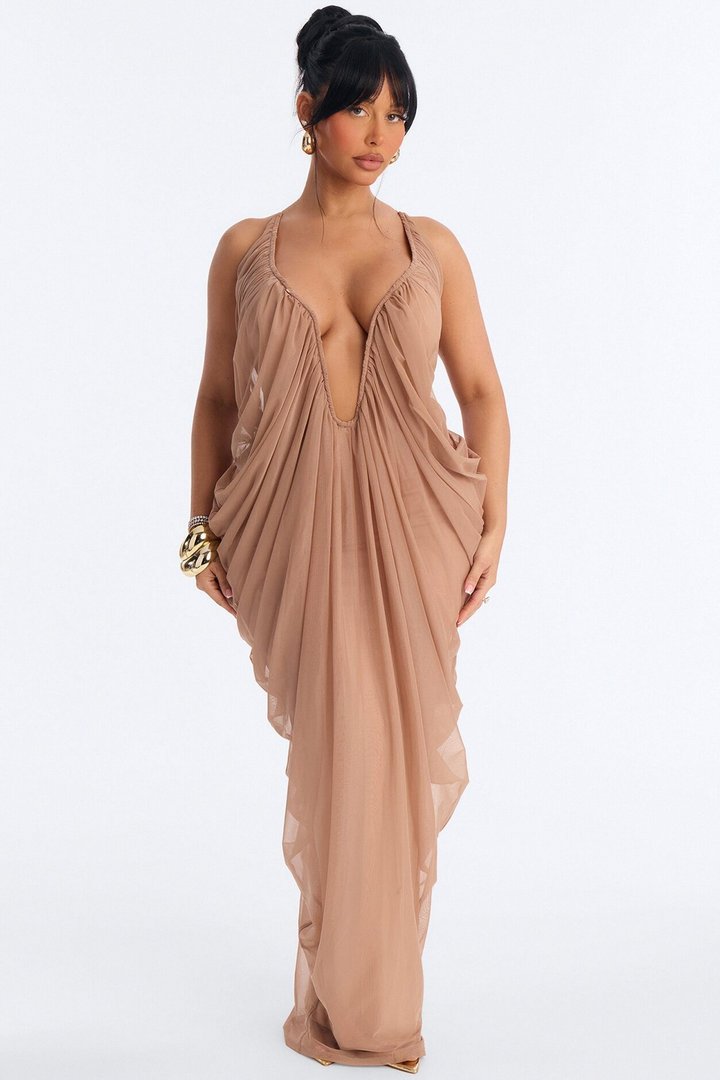 Hailey Draped Mesh Maxi Dress - Mocha