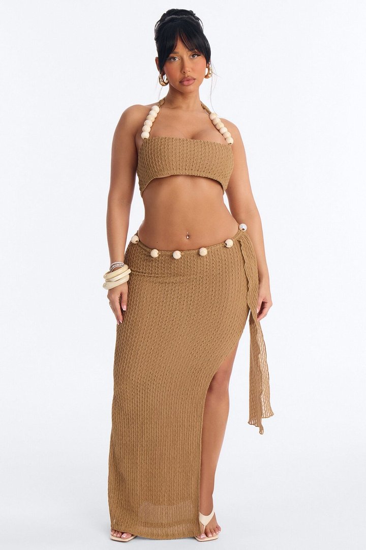 Shoreline Crush Beaded Skirt Set - Taupe