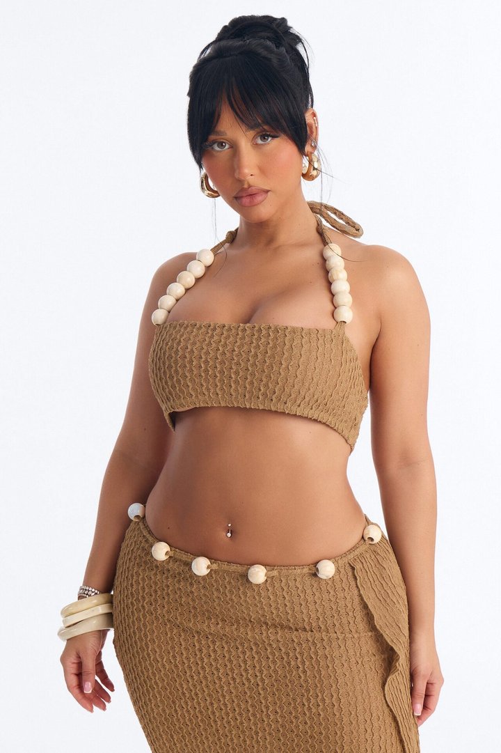 Shoreline Crush Beaded Skirt Set - Taupe