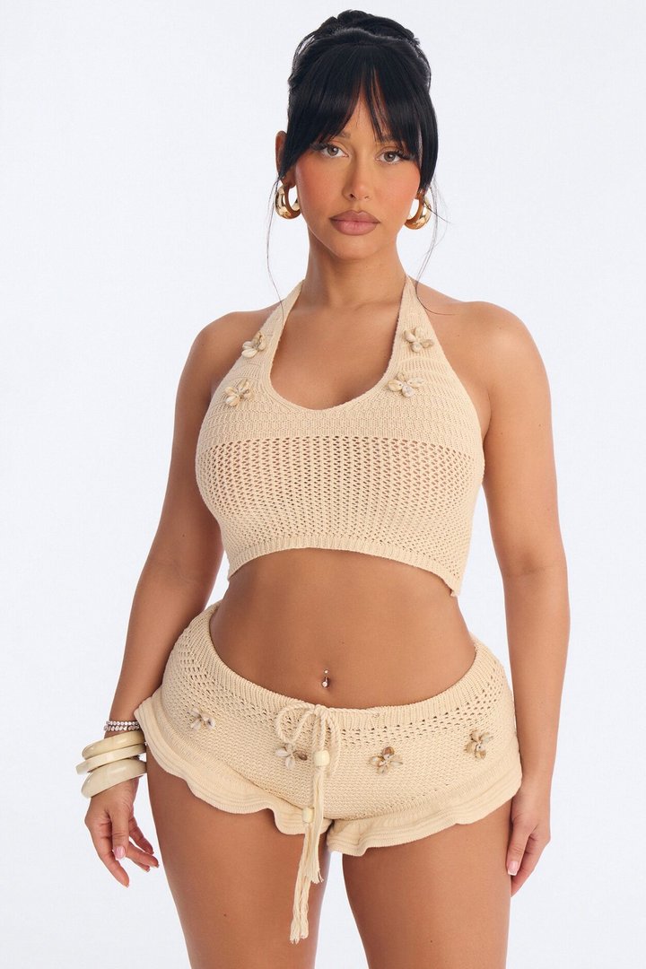 Beach Crush Seashell Crochet Halter Top - Natural