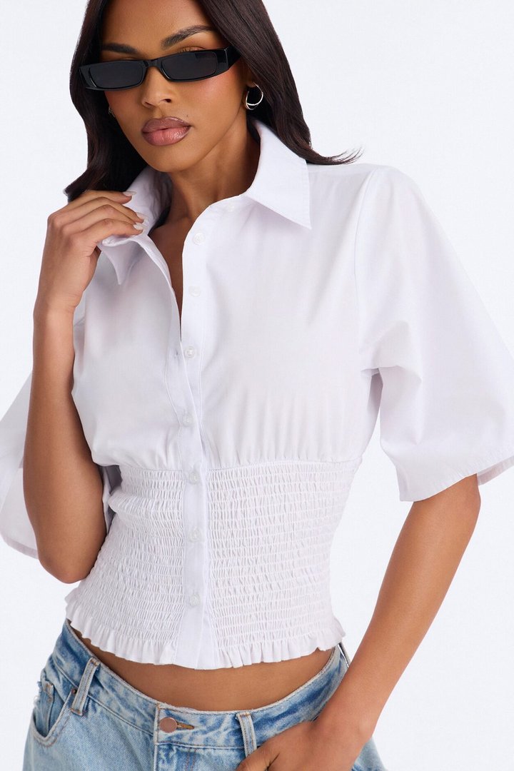 Madeline Smocked Poplin Shirt - White