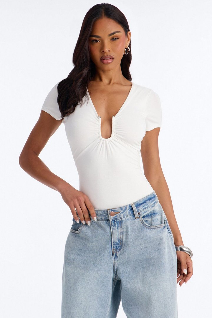 Danielle Deep V Neck Short Sleeve Bodysuit - White