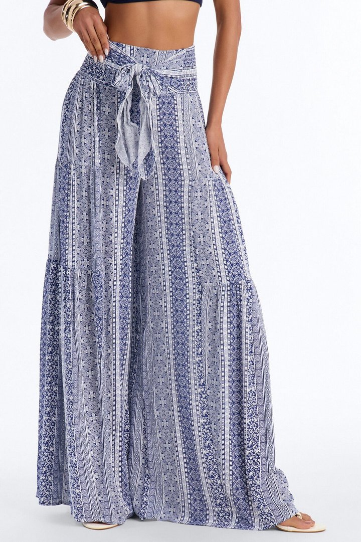 Adina Tie Waist High Rise Wide Leg Pant - Blue/combo