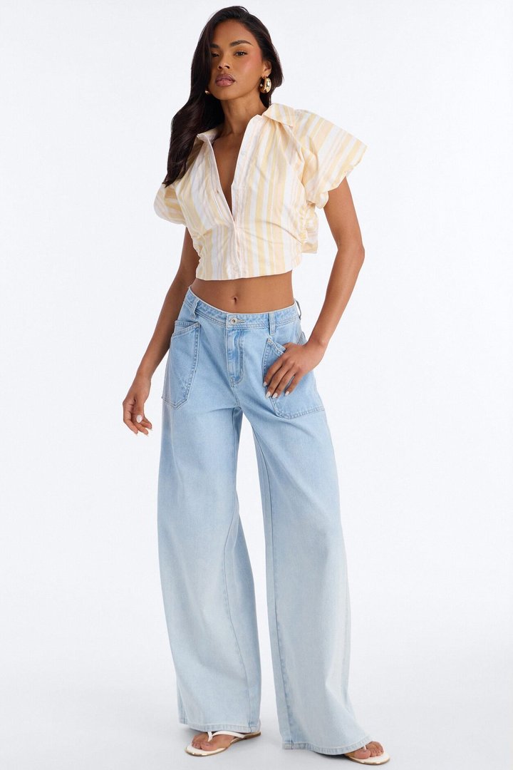 Caitlyn Striped Puff Sleeve Poplin Shirt - Yellow/combo