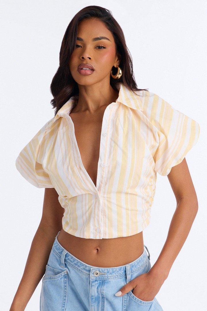 Caitlyn Striped Puff Sleeve Poplin Shirt - Yellow/combo
