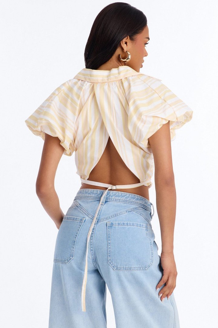 Caitlyn Striped Puff Sleeve Poplin Shirt - Yellow/combo