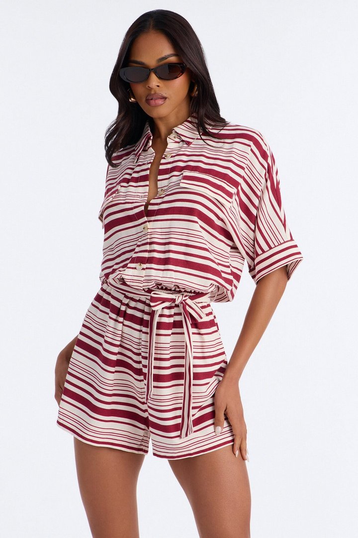 Stilia Striped Collar Linen Romper - Burgundy