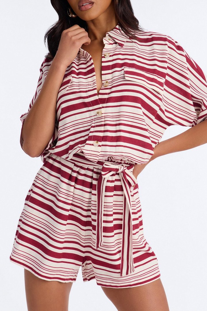 Stilia Striped Collar Linen Romper - Burgundy