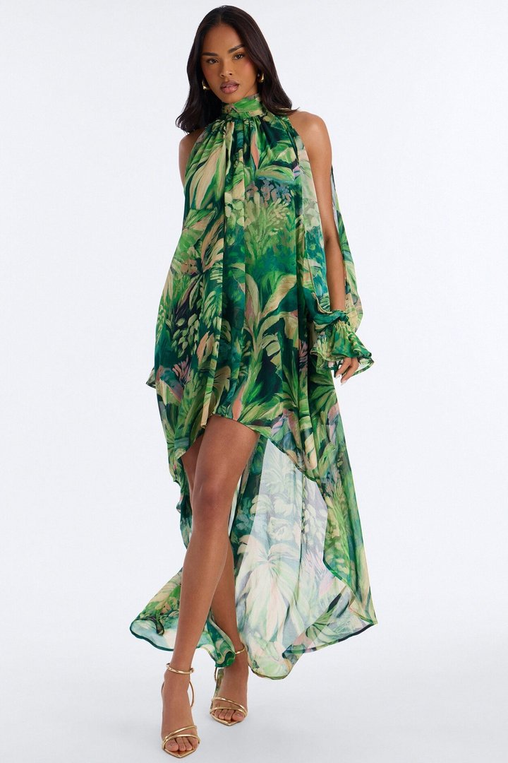 Dark Paradise Long Sleeve Chiffon Maxi Dress - Green/combo