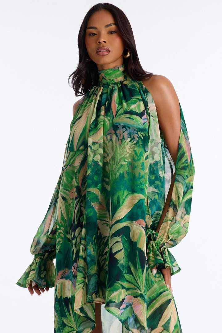 Dark Paradise Long Sleeve Chiffon Maxi Dress - Green/combo