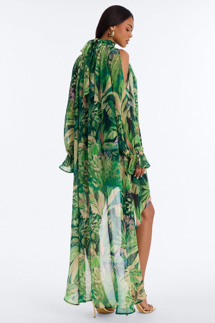 Dark Paradise Long Sleeve Chiffon Maxi Dress - Green/combo