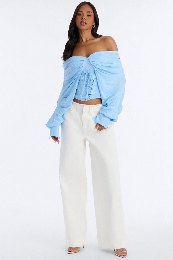 Her Era Off Shoulder Lace Up Linen Corset - Blue