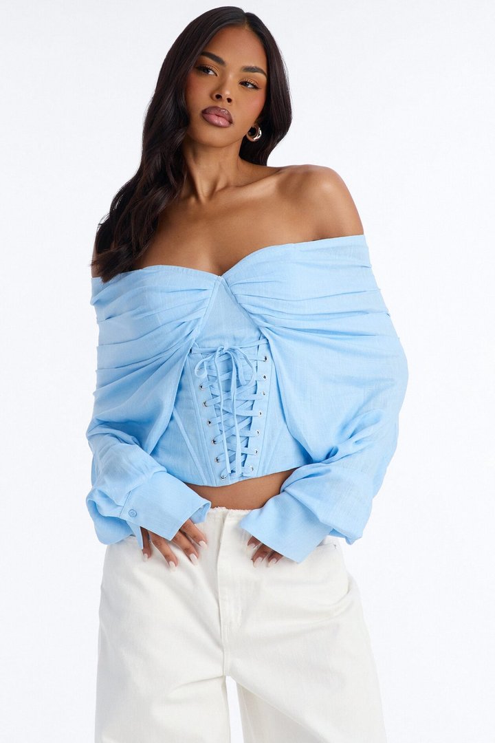 Her Era Off Shoulder Lace Up Linen Corset - Blue