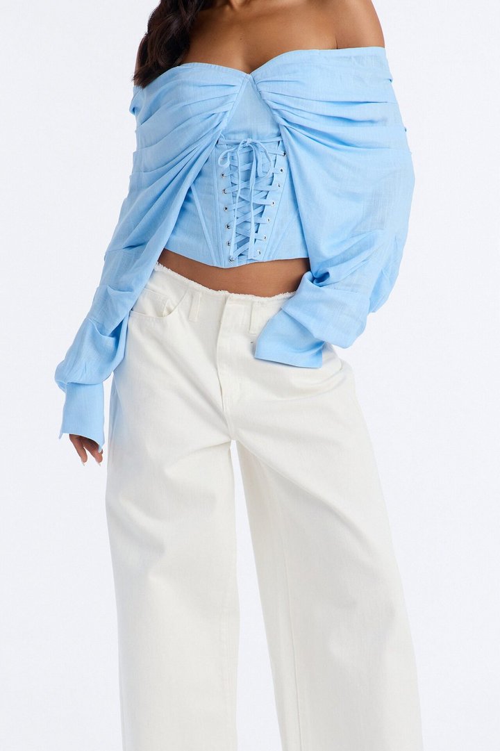 Her Era Off Shoulder Lace Up Linen Corset - Blue