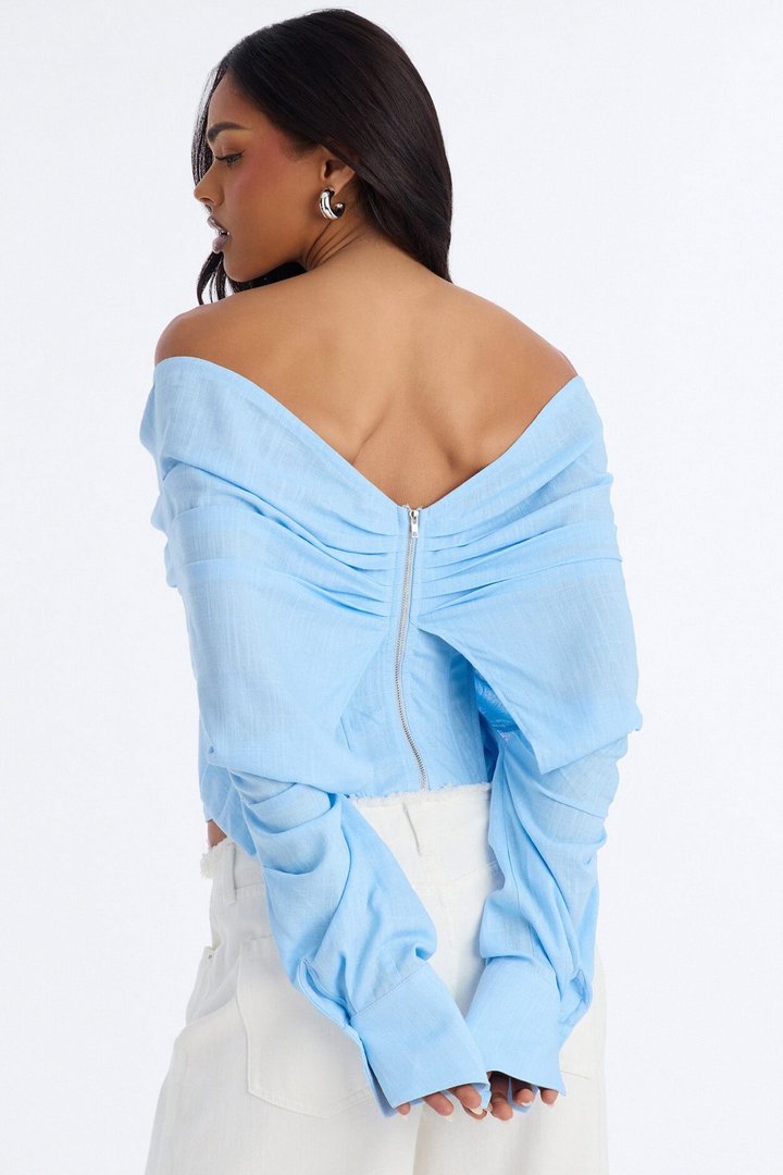 Her Era Off Shoulder Lace Up Linen Corset - Blue