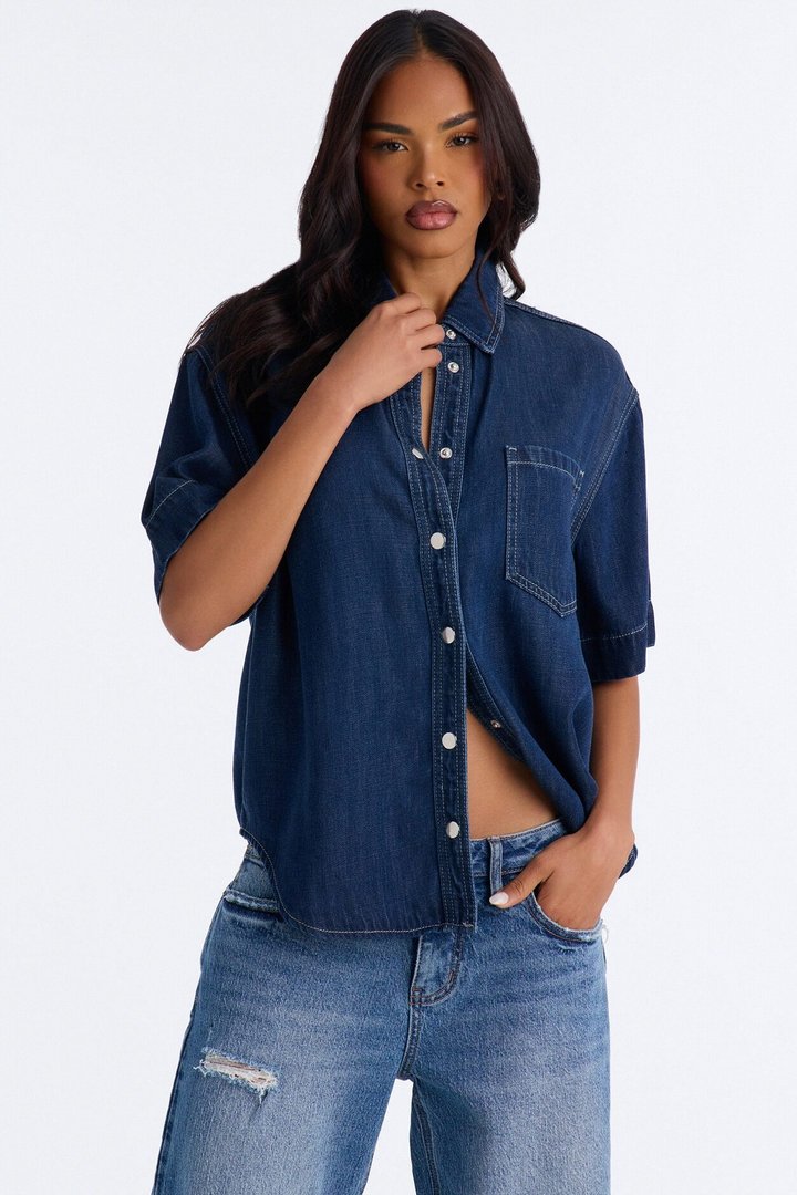 Elevated Casual Oversized Denim Shirt - Dark Wash