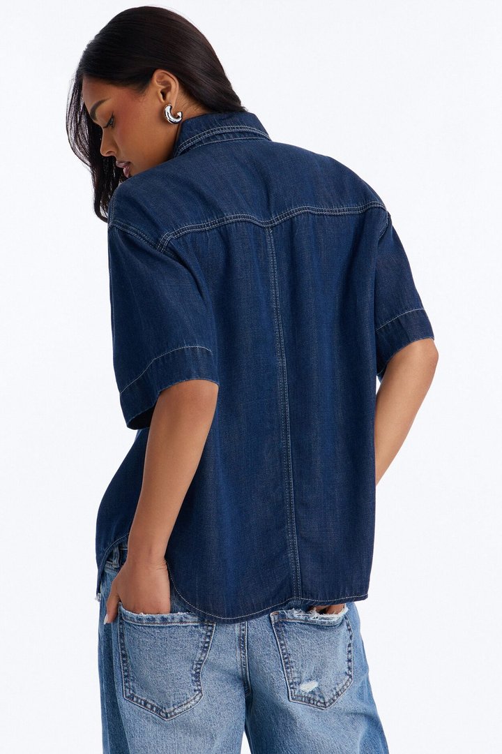 Elevated Casual Oversized Denim Shirt - Dark Wash
