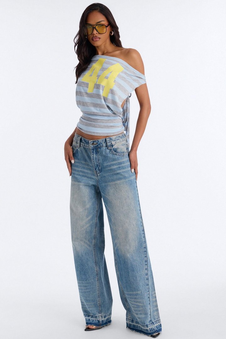 44 Stripe Off Shoulder Top - Blue/combo
