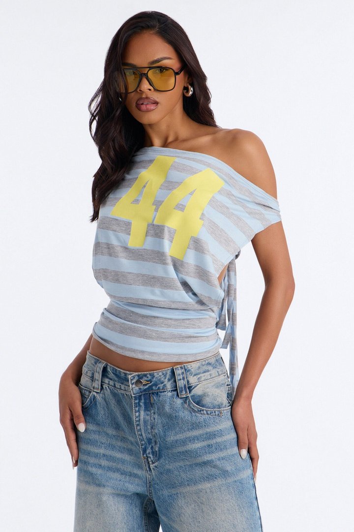 44 Stripe Off Shoulder Top - Blue/combo