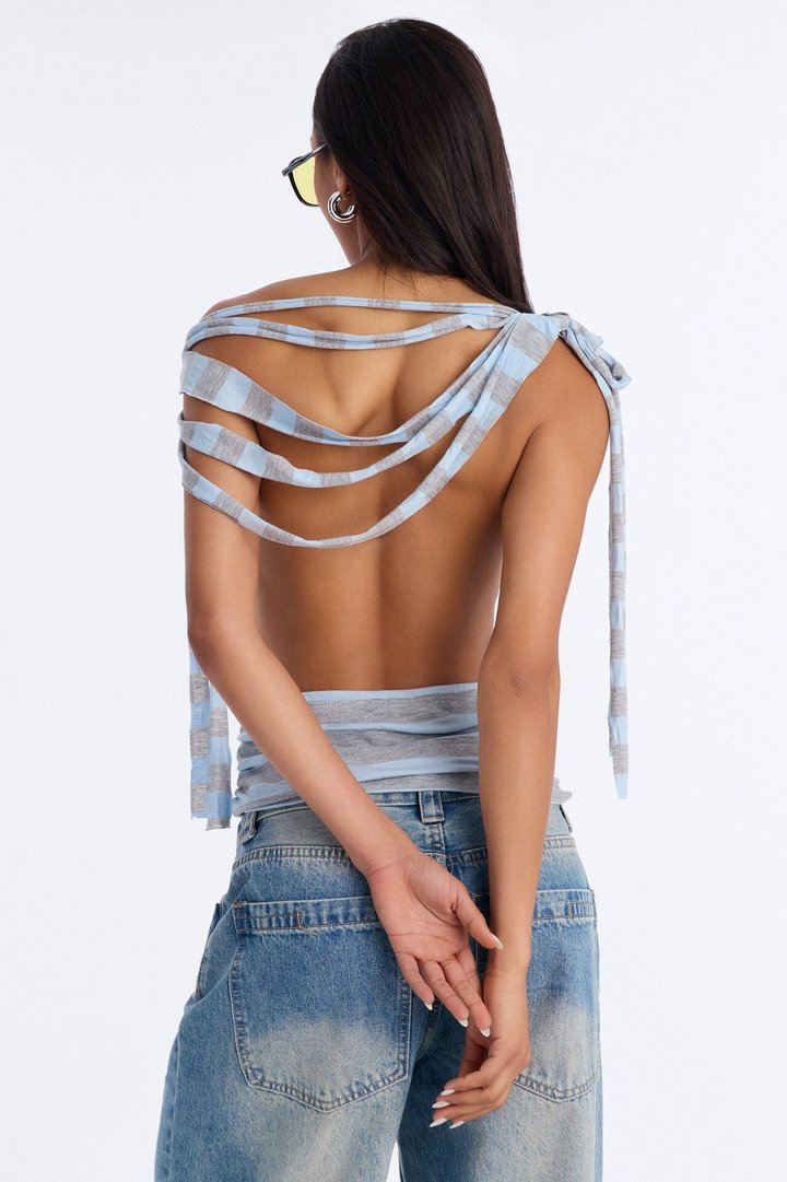 44 Stripe Off Shoulder Top - Blue/combo
