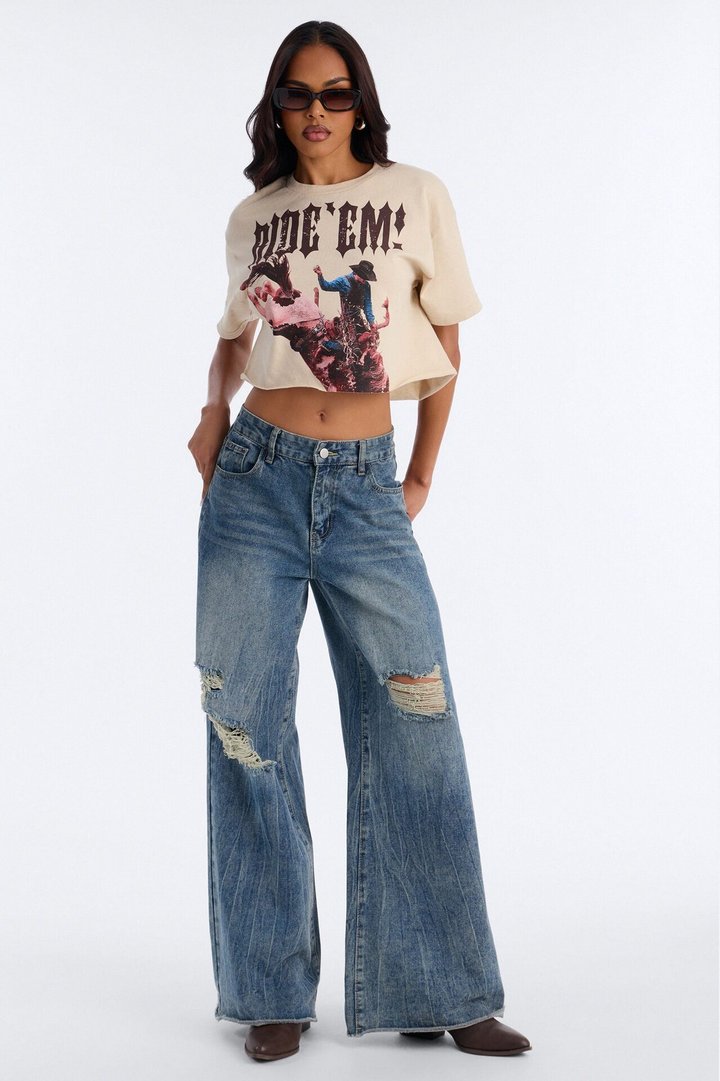 Cowgirl Ride Cut Off Cropped Tee - Sand