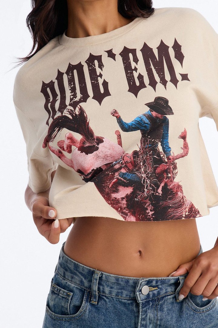 Cowgirl Ride Cut Off Cropped Tee - Sand