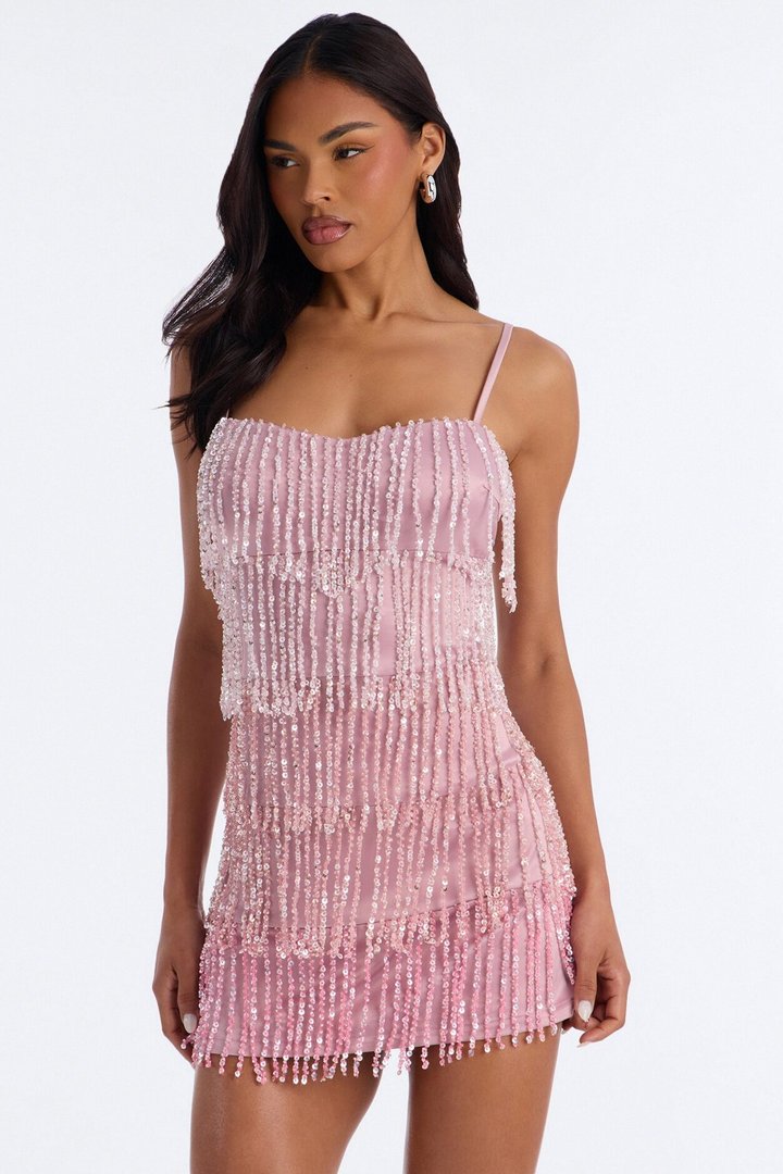 Betsy Sequin Fringe Satin Mini Dress - Mauve