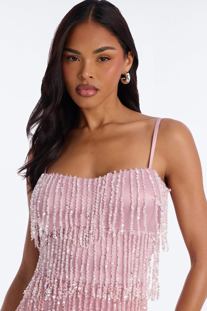Betsy Sequin Fringe Satin Mini Dress - Mauve