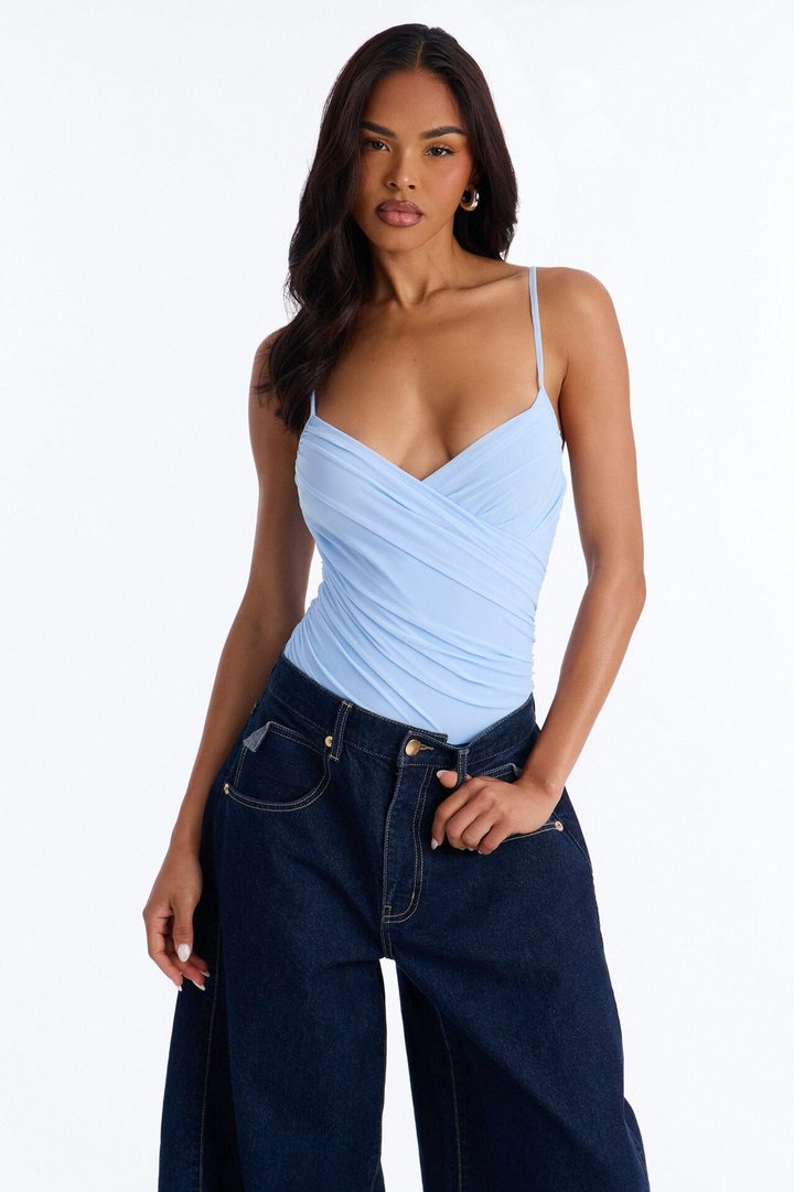 Ariel Ruched Mesh Tank Top Bodysuit - Blue