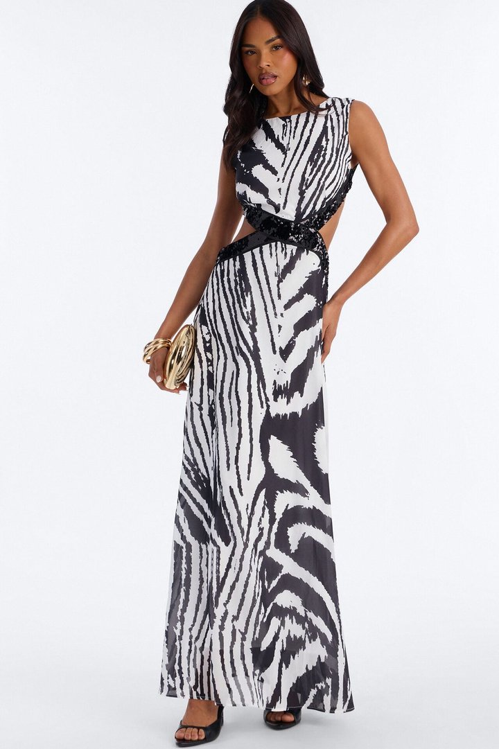 Full Effect Cut Out Chiffon Maxi Dress - Black/White