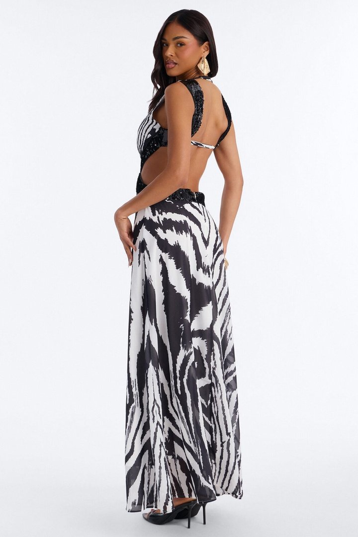 Full Effect Cut Out Chiffon Maxi Dress - Black/White