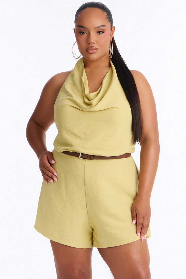 Talia Cowl Belted Micro Romper - Chartreuse