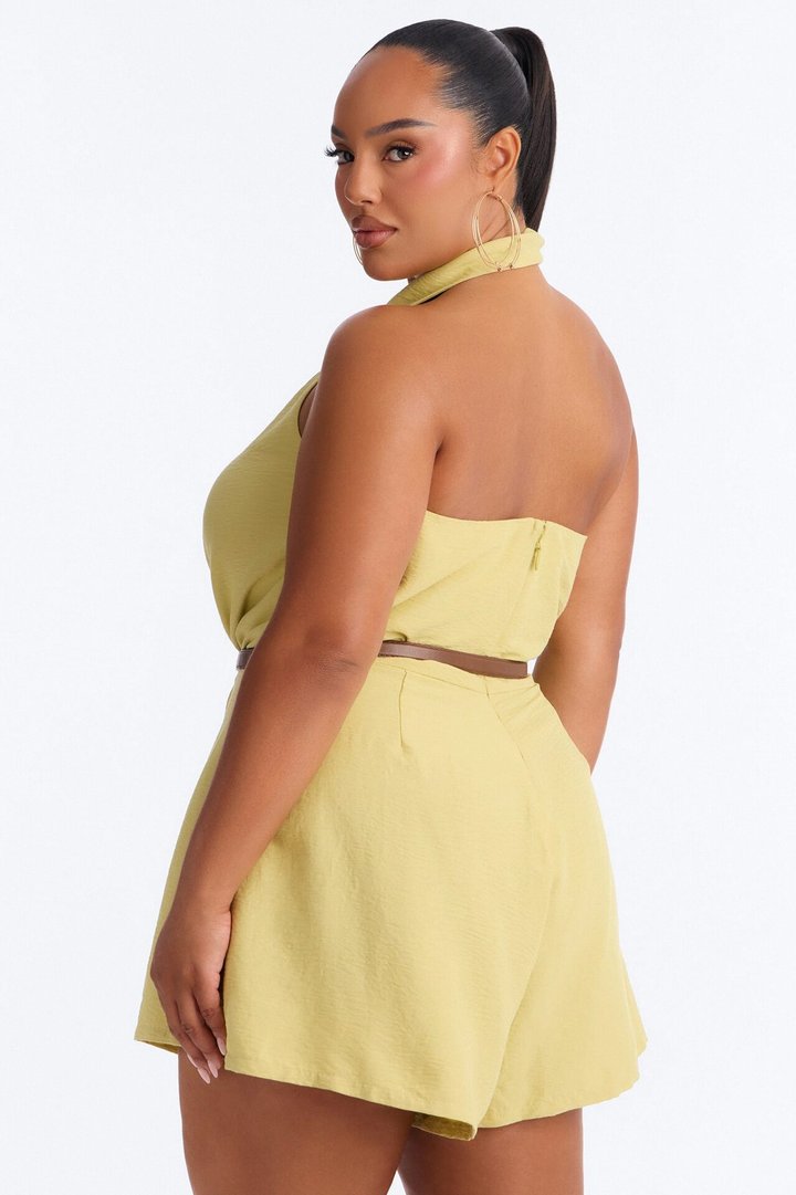 Talia Cowl Belted Micro Romper - Chartreuse