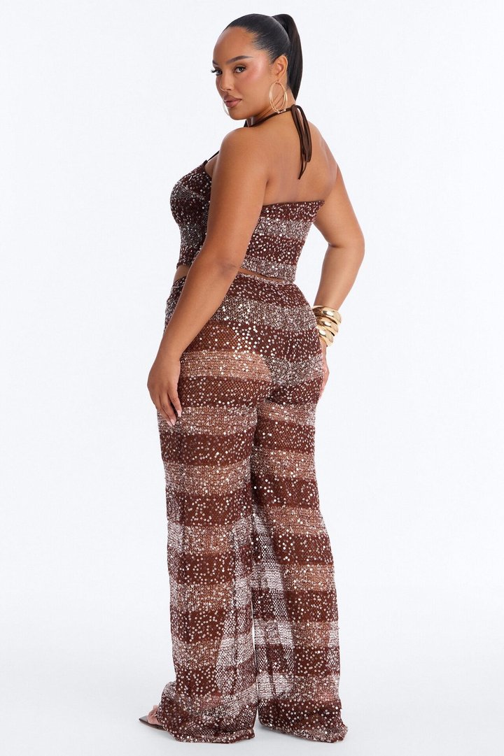 Coconut Shores Sequin Crochet Pant Set - Brown