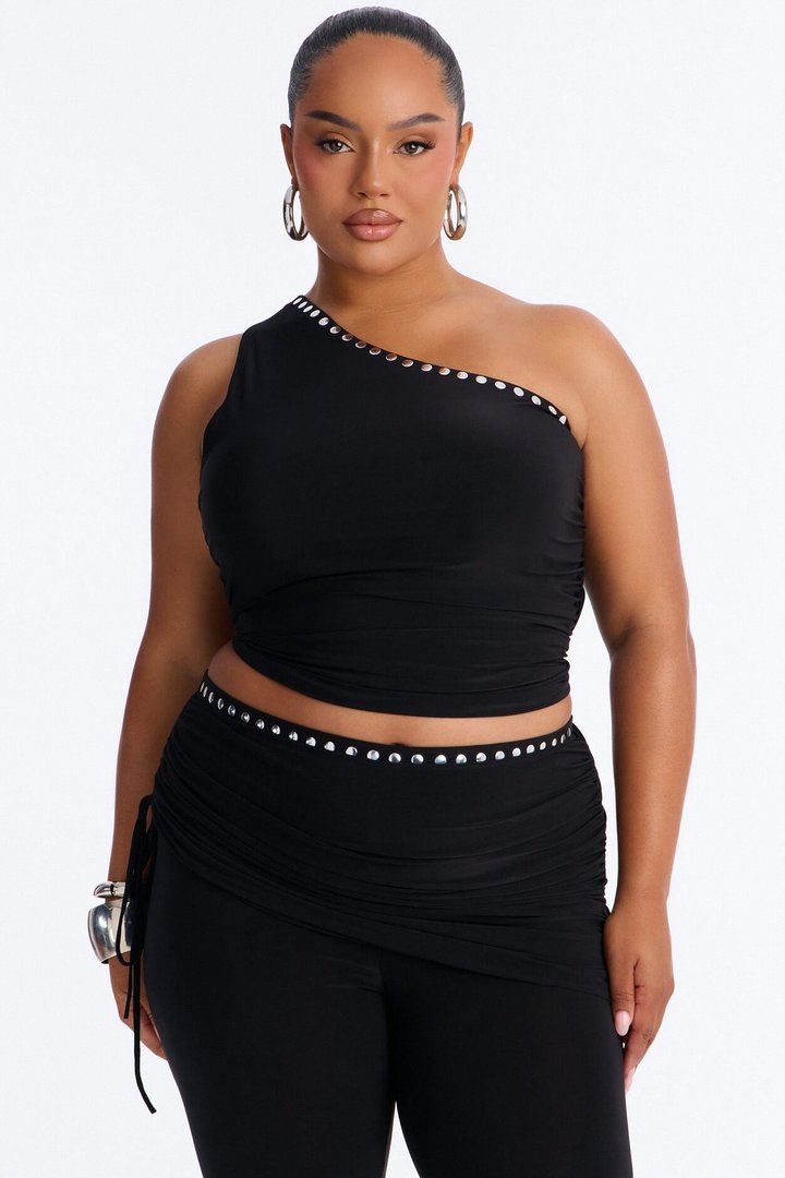 Jade One Shoulder Studded Capri Set - Black