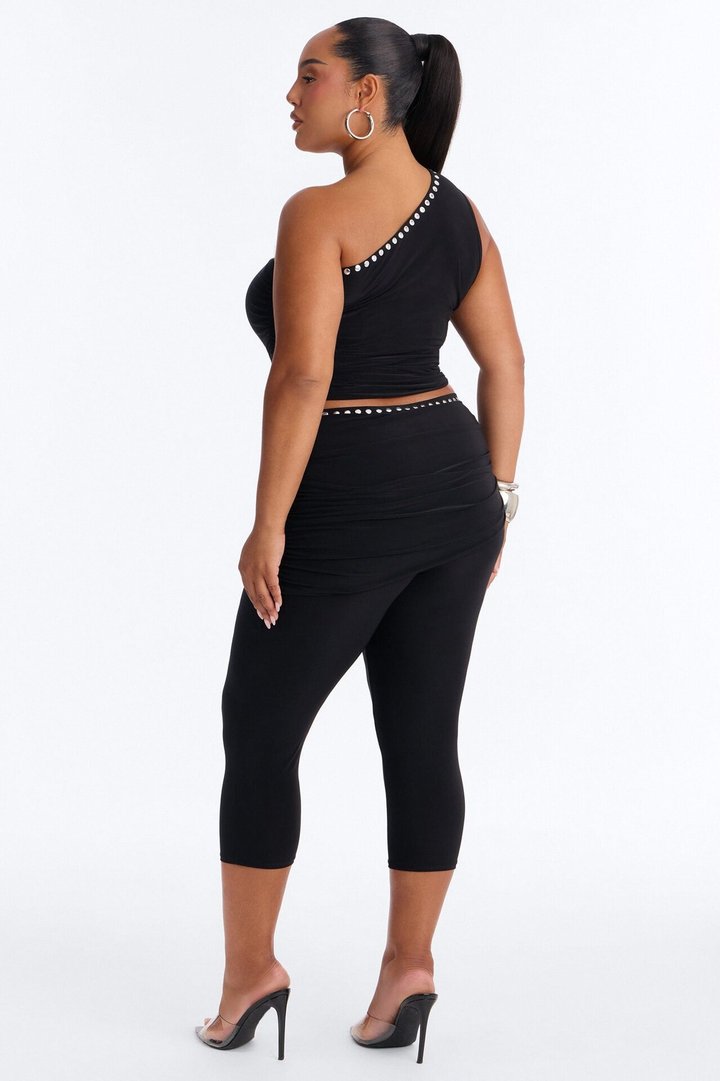 Jade One Shoulder Studded Capri Set - Black