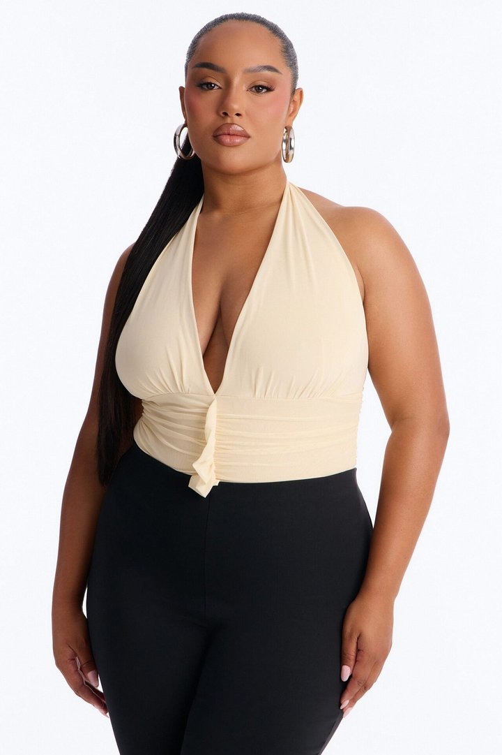 Sabrina Ruffle Mesh Halter Bodysuit - Butter Yellow