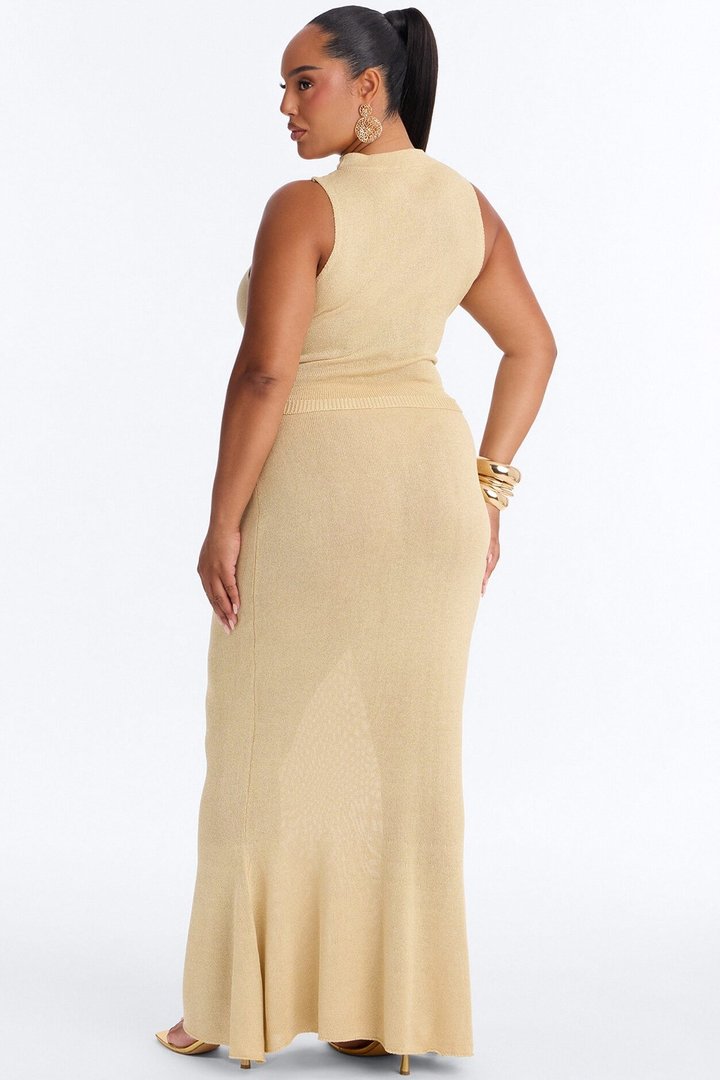 Sunset Ready Metallic Knit Maxi Skirt Set - Gold